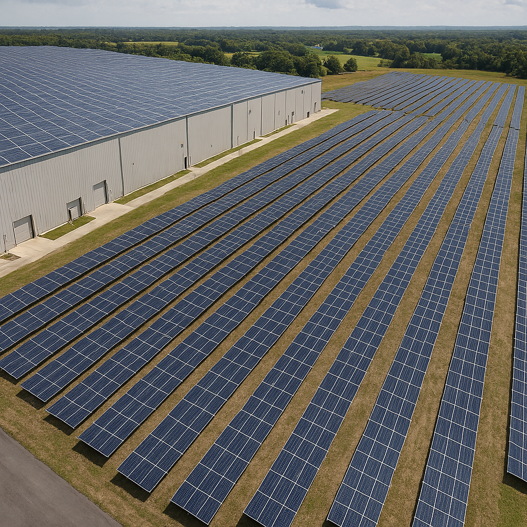 solar panel field next to a business